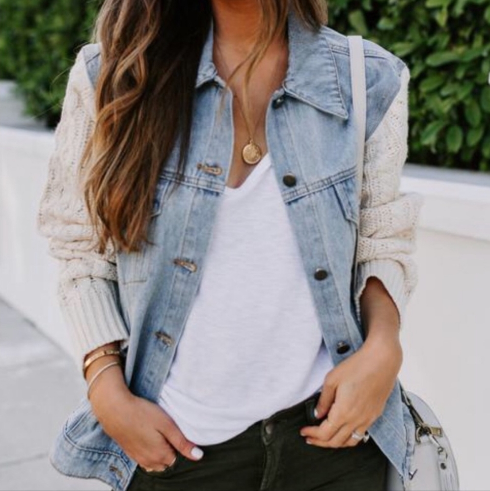 Pol Lightwash denim jean jacket with sweater sleeves